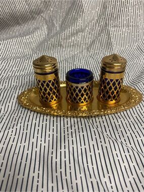 Vintage Mayell England Gold Electroplate & Cobalt Blue Glass Condiment Set